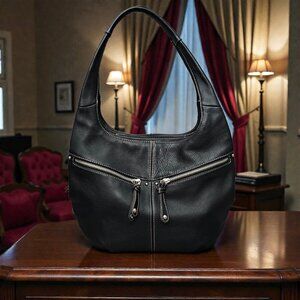Tignanello Women's Black Leather Hobo Satchel Zip Pockets Shoulder Hand Bag